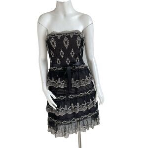BCBG Maxazria 2 Tiered Lace Tulle Strappless Dress Ribbon Belt Black Formal Prom